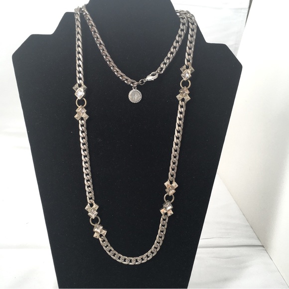 Vintage J.G., Long Silver Cuban Link Necklace With Crystals - Picture 7 of 7